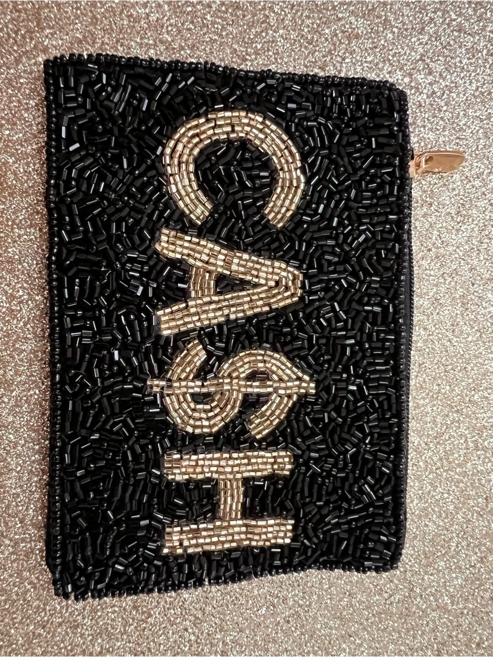 Black Beaded 'Cash' Zip Pouch - Gold Accent